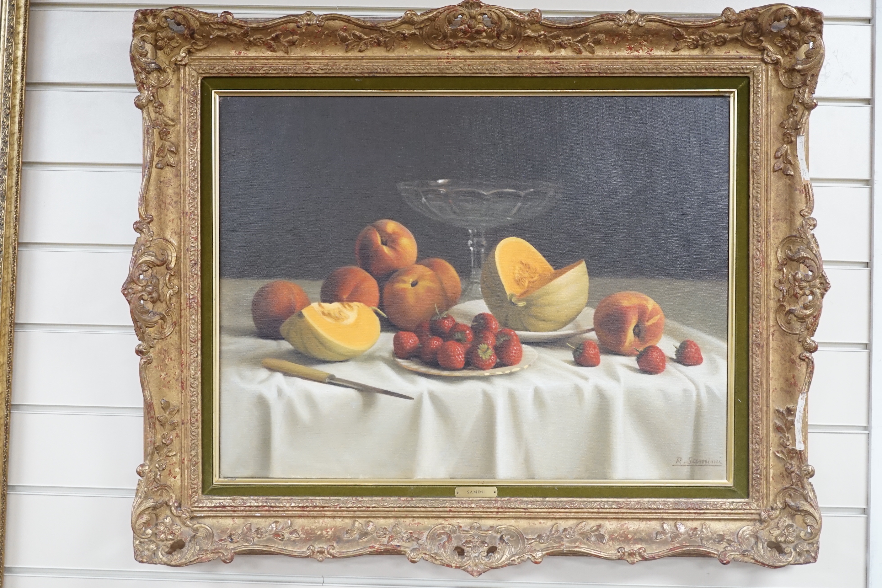Reza Samimi (Iranian 1919-1991), oil on canvas, Still life of fruit on a table top, signed, 46 x 61cm